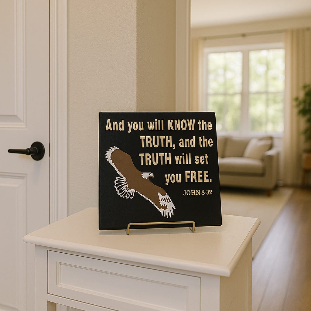 Plaque: AND YOU WILL KNOW THE TRUE, AND THE TRUTH WILL SET YOU FREE - Made in USA