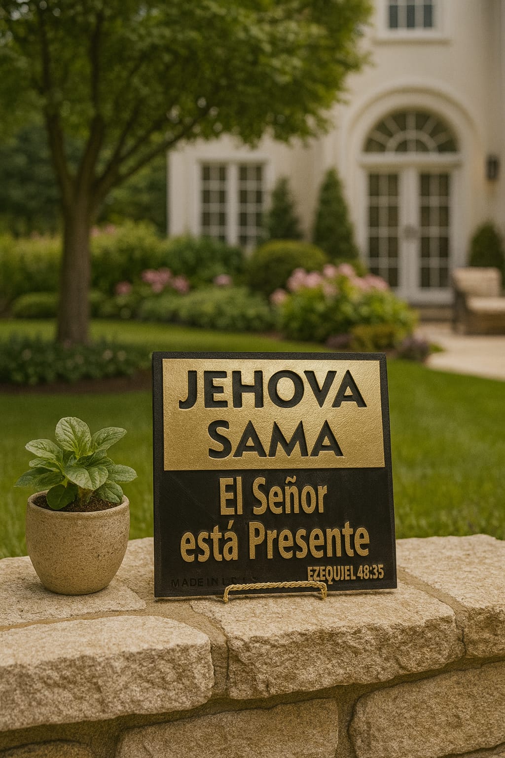 Plaque: JEHOVA SAMA - EL SEÑOR ESTA PRESENTE - Made in USA