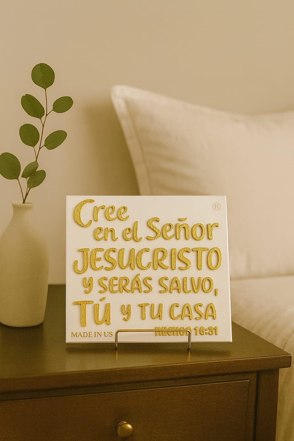 Placa: CREE EN EL SEÑOR JESUCRISTO Y SERÁS SALVO, TÚ Y TU CASA - Made in USA