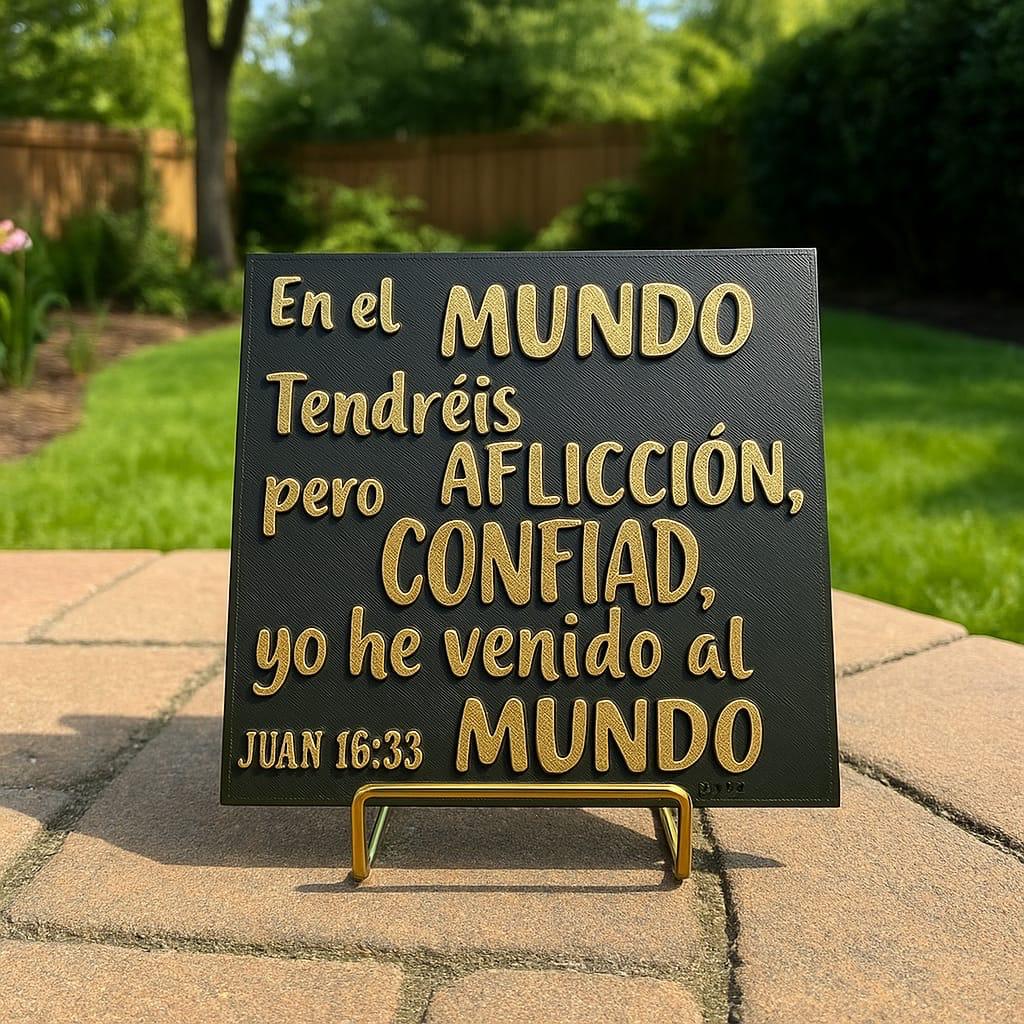 Placa: EN EL MUNDO TENDREIS AFLICION PERO CONFIAD YO HE VENCIDO AL MUNDO - Made in USA