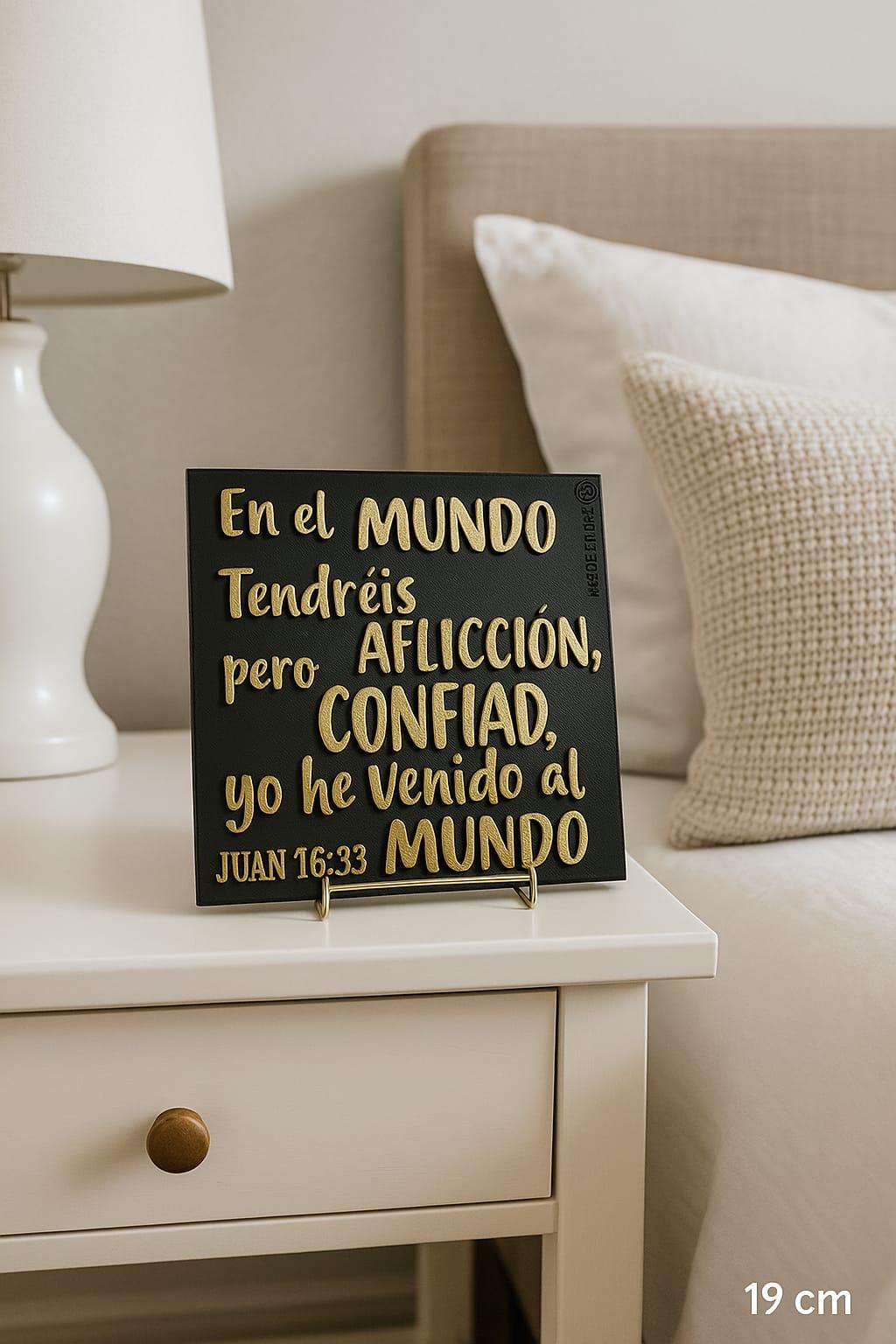 Placa: EN EL MUNDO TENDREIS AFLICION PERO CONFIAD YO HE VENCIDO AL MUNDO - Made in USA