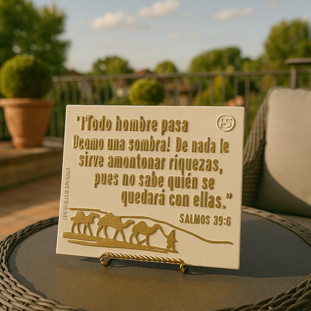 Placa: TODO HOMBRE PASA COMO UNA SOMBRA, DE NADA LE SIRVE AMONTONAR RIQUEZA PORQUE NO SABE QUIEN SE QUEDARA CON ELLA - Made in USA