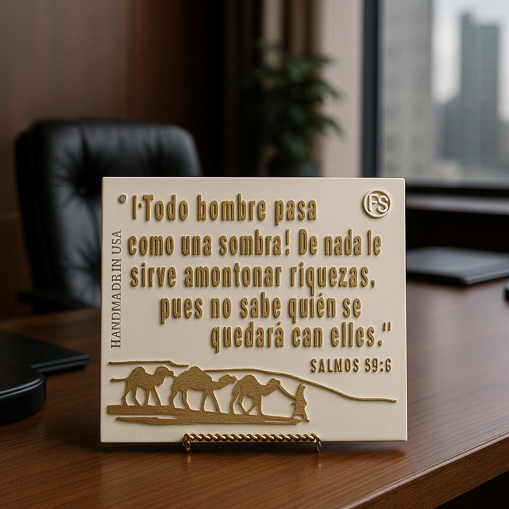Placa: TODO HOMBRE PASA COMO UNA SOMBRA, DE NADA LE SIRVE AMONTONAR RIQUEZA PORQUE NO SABE QUIEN SE QUEDARA CON ELLA - Made in USA