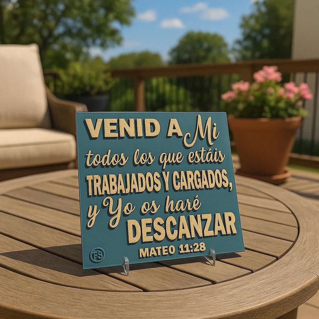 Placa: VENID A MI TODOS LOS QUE ESTEIS TRABAJADOS Y CARGADOS, Y YO OS HARÉ DESCANZAR - Made in USA