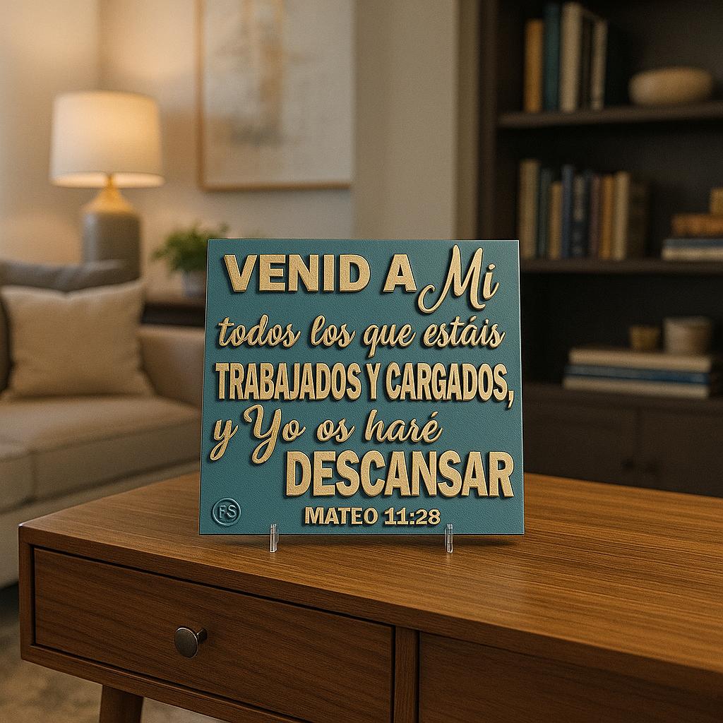 Placa: VENID A MI TODOS LOS QUE ESTEIS TRABAJADOS Y CARGADOS, Y YO OS HARÉ DESCANZAR - Made in USA