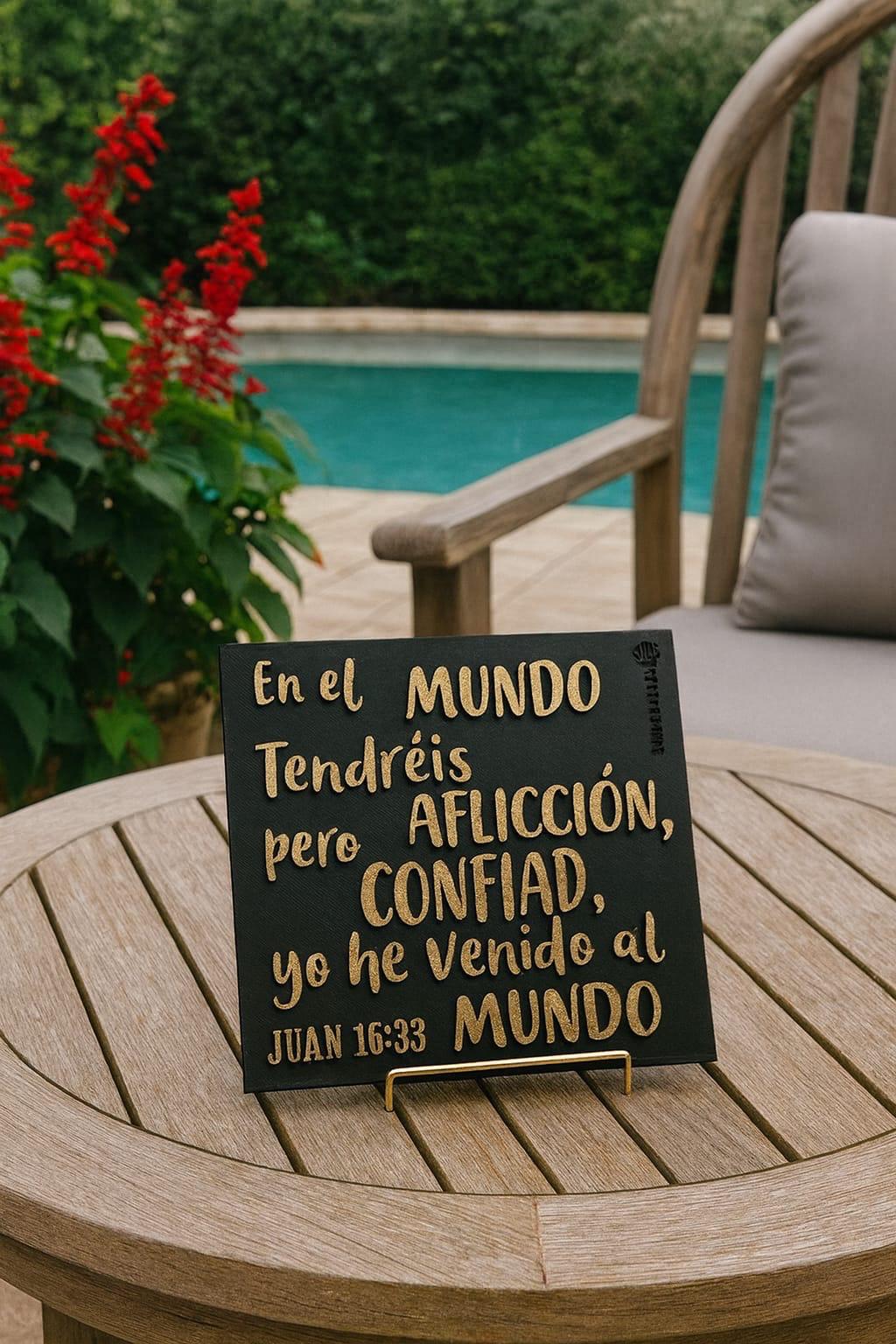 Placa: EN EL MUNDO TENDREIS AFLICION PERO CONFIAD YO HE VENCIDO AL MUNDO - Made in USA