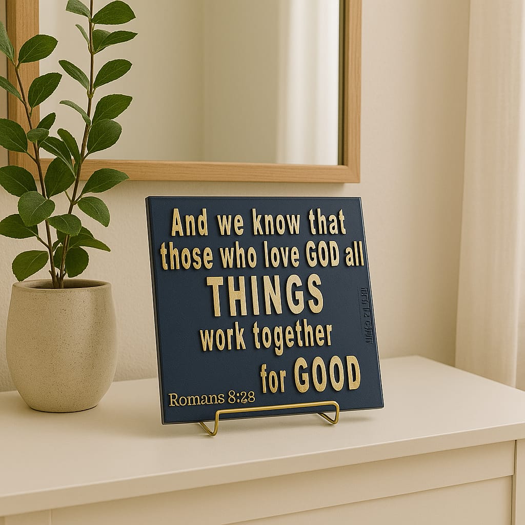 Plaque: AND WE KNOW THAT THOSE WHO LOVE GOD ALL THING WORK TOGETHER FOR GOOD - Made in USA
