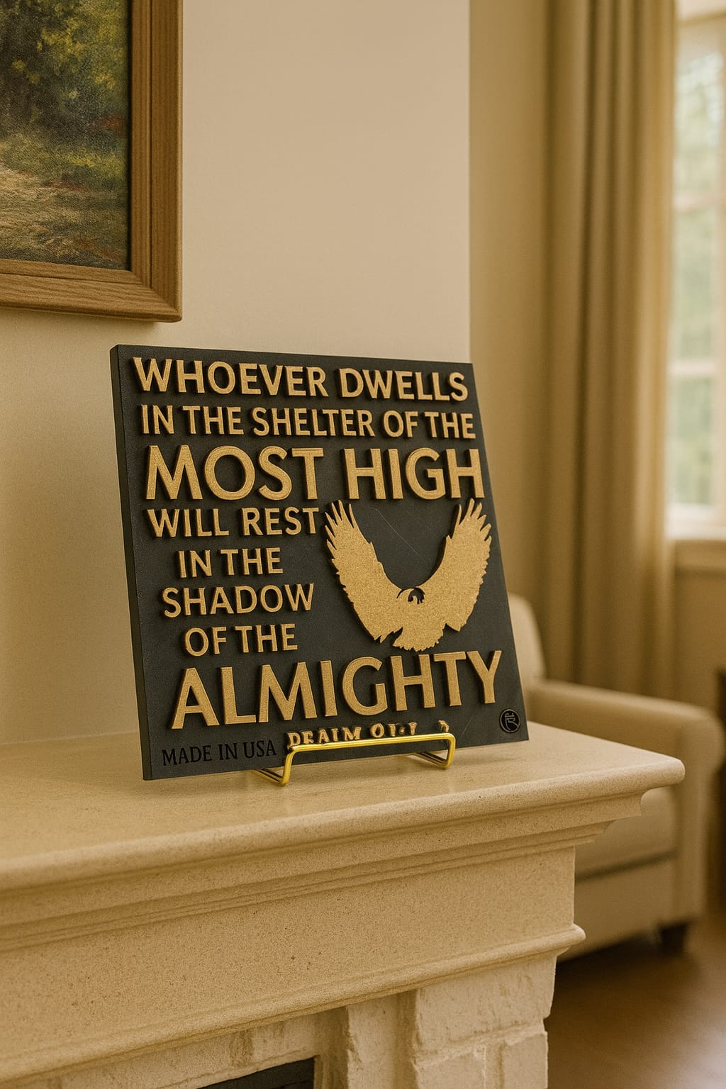 Plaque: WHOEVER DWELLS IN THE SHELTER OF THE MOST HIGH WILL REST IN THE SHADOW OF THE ALMIGHTY - Made in USA