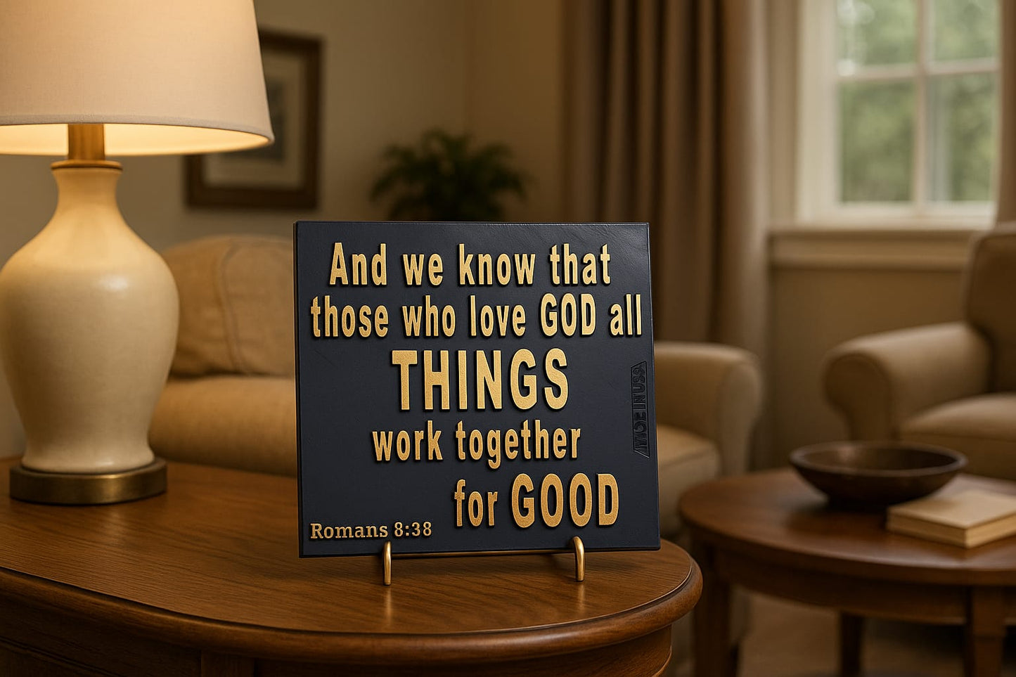 Plaque: AND WE KNOW THAT THOSE WHO LOVE GOD ALL THING WORK TOGETHER FOR GOOD - Made in USA