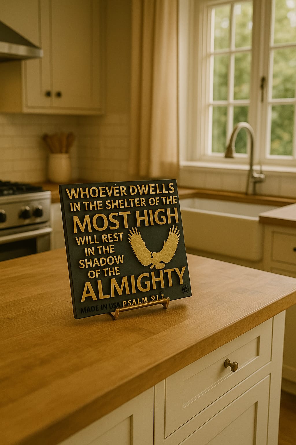 Plaque: WHOEVER DWELLS IN THE SHELTER OF THE MOST HIGH WILL REST IN THE SHADOW OF THE ALMIGHTY - Made in USA