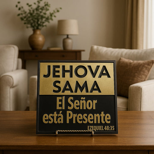 Plaque: JEHOVA SAMA - EL SEÑOR ESTA PRESENTE - Made in USA