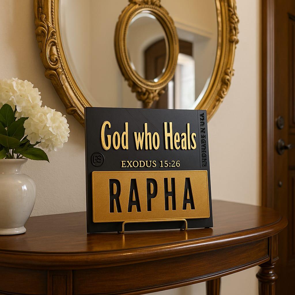 Plaque: RAPHA - GOD WHO HEALS - Made in USA