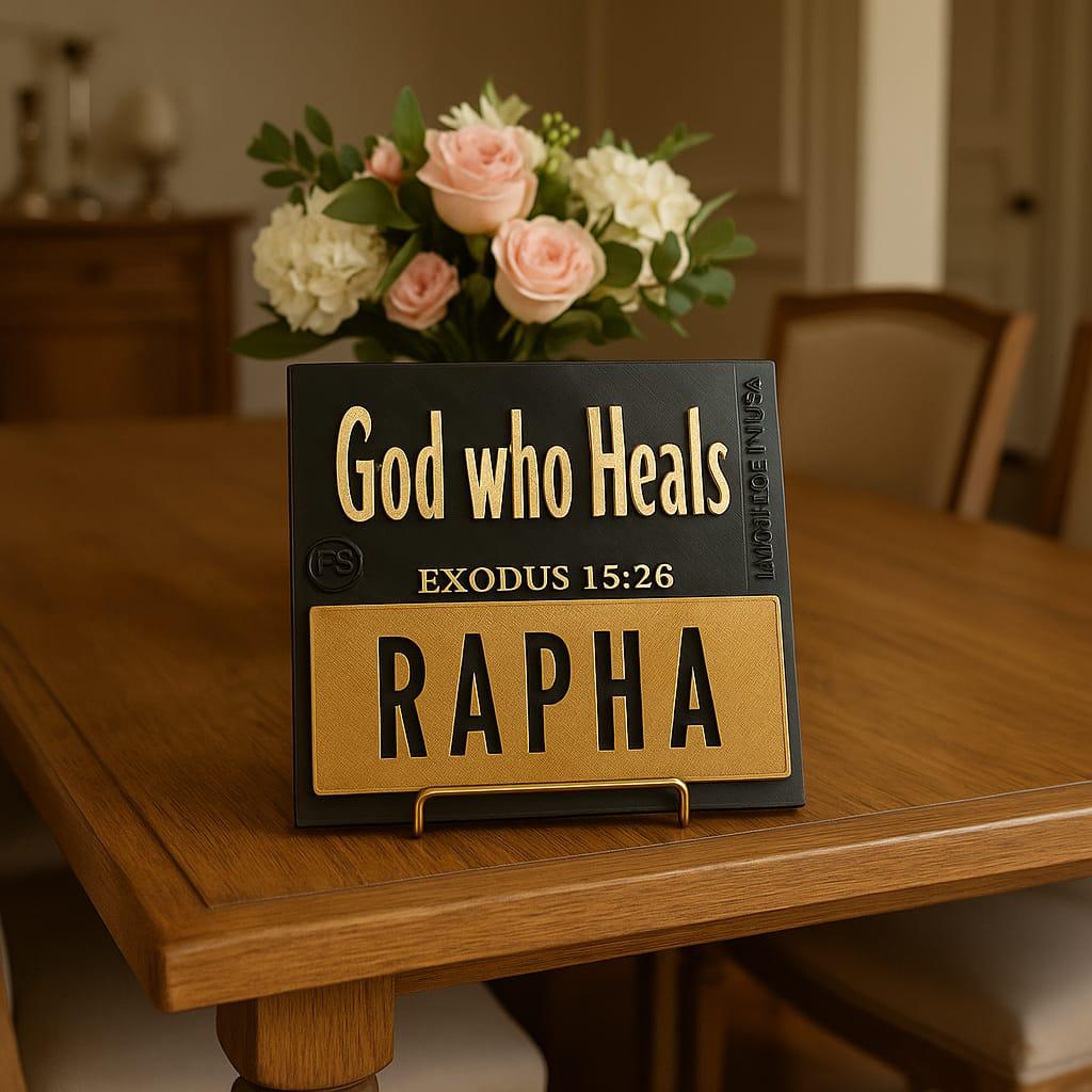Plaque: RAPHA - GOD WHO HEALS - Made in USA