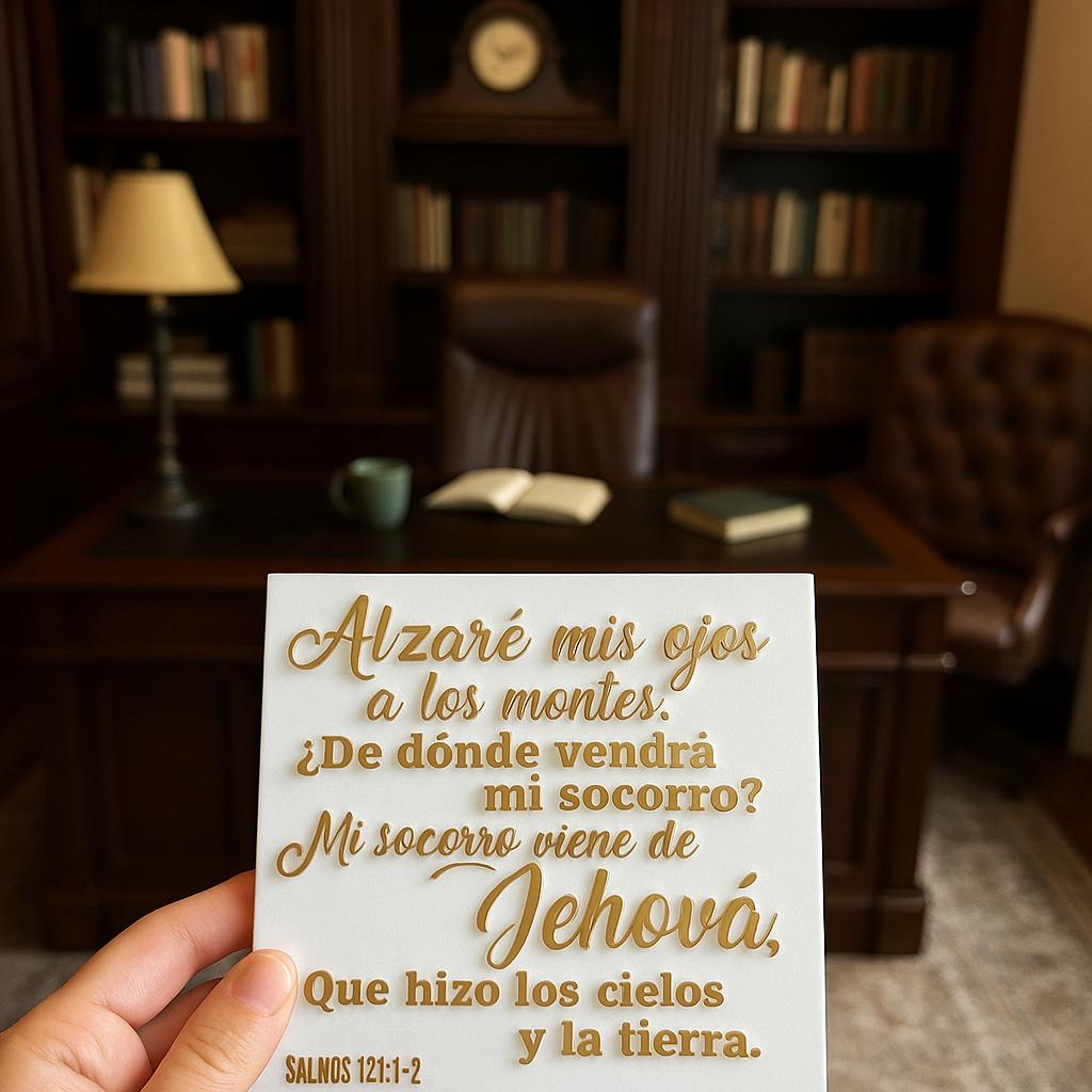PLaca: ALZARE MIS OJOS A LOS MONTES; DE DONDE VENDRA MI SOCORRO? MI SOCORRO VIENE DE JEHOVA QUE HIZO LOS CIELOS Y LA TIERRA. Made in USA