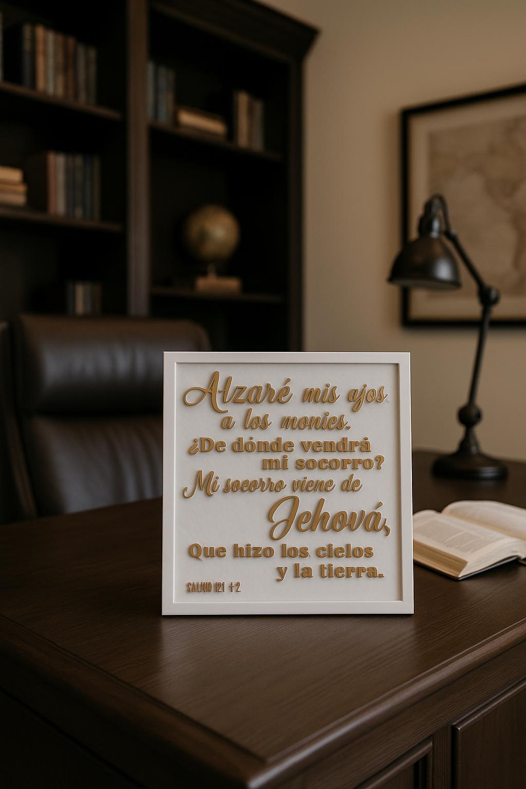 PLaca: ALZARE MIS OJOS A LOS MONTES; DE DONDE VENDRA MI SOCORRO? MI SOCORRO VIENE DE JEHOVA QUE HIZO LOS CIELOS Y LA TIERRA. Made in USA