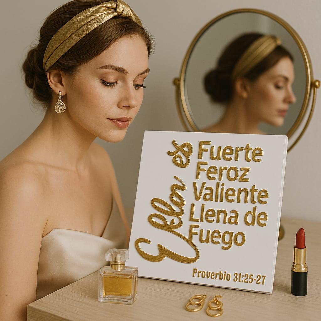 Placa: ELLA ES FUERTE, FEROZ, VALIENTE, LLENA DE FUEGO - Made in USA
