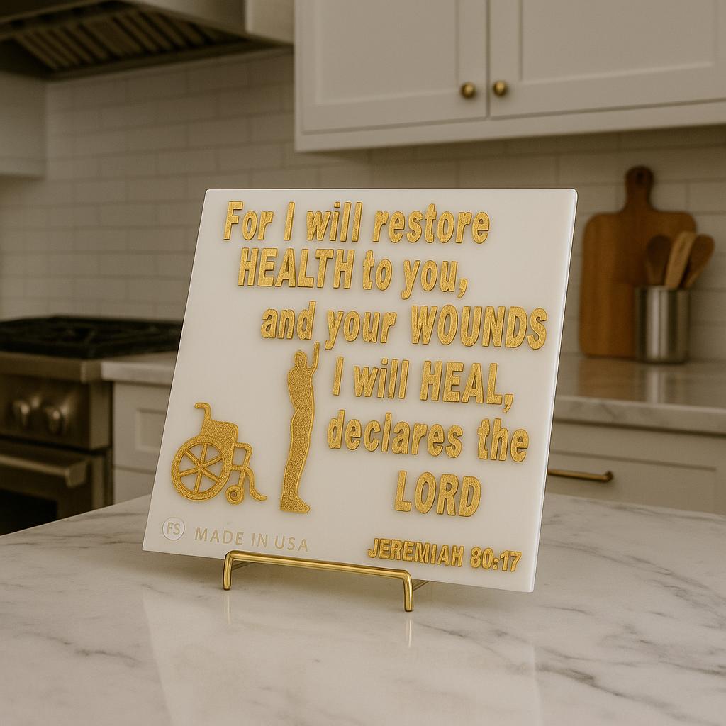 Plaque: FOR I WILL RESTORE HEALTH TO YOU, AND YOUR WOUNDS I WILL HEAL DECLARES THE LORD - Made in USA
