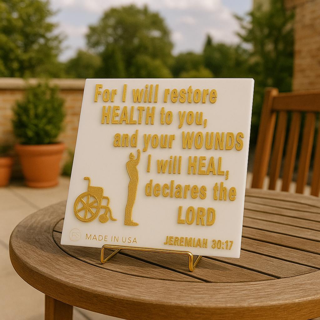 Plaque: FOR I WILL RESTORE HEALTH TO YOU, AND YOUR WOUNDS I WILL HEAL DECLARES THE LORD - Made in USA