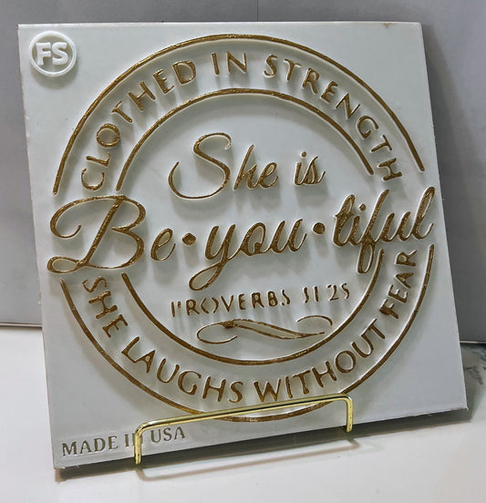 PLAQUE: CLOTHED IN STRENGTH SHE IS BE YOU TIFUL SHE LAUGHS WITHOUT FEAR