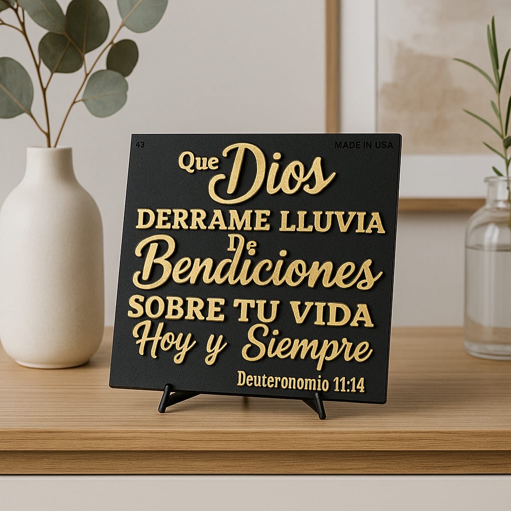 Plaque: QUE DIOS DERRAME LLUVIA DE BENDICIONES SOBRE TU VIDA HOY Y SIEMPRE - Made in USA