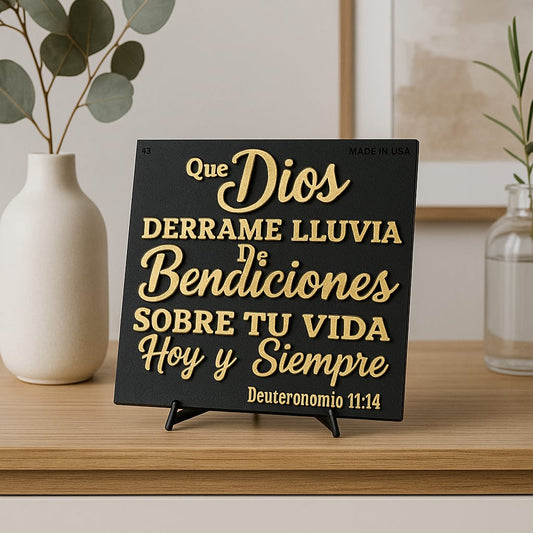 Plaque: QUE DIOS DERRAME LLUVIA DE BENDICIONES SOBRE TU VIDA HOY Y SIEMPRE - Made in USA