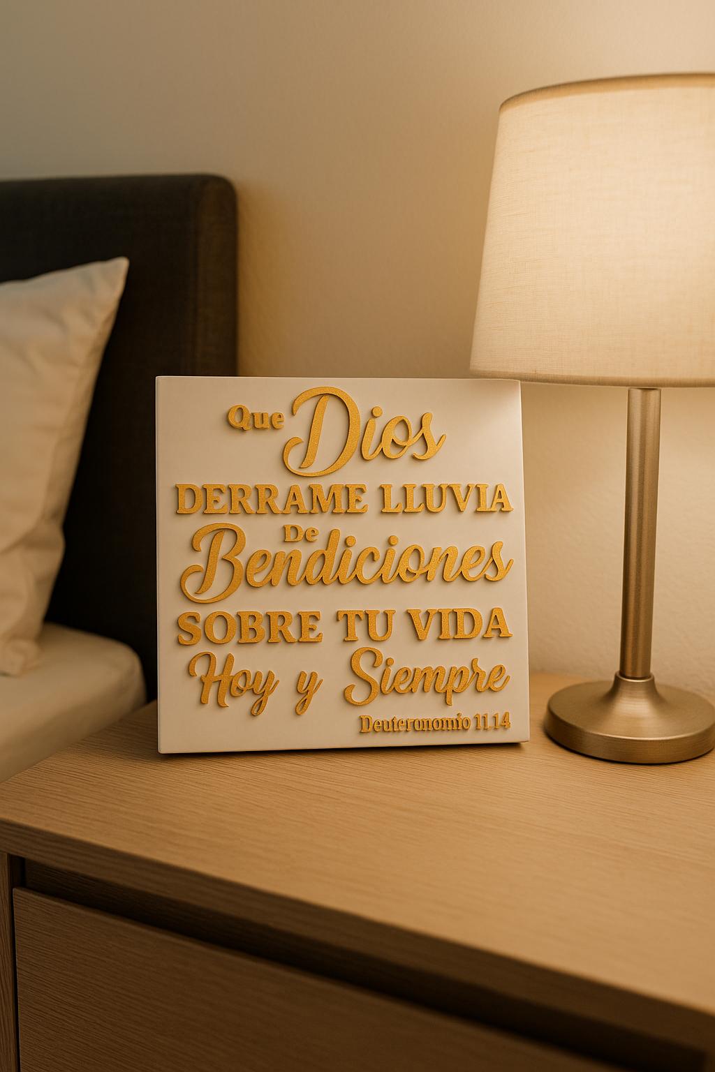 Plaque: QUE DIOS DERRAME LLUVIA DE BENDICIONES SOBRE TU VIDA HOY Y SIEMPRE - Made in USA