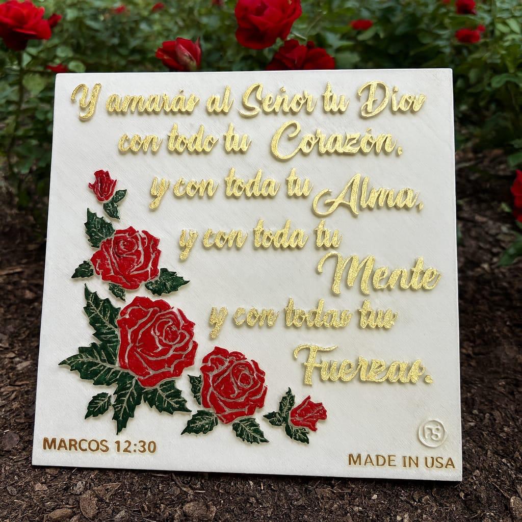 Placa: Y AMARAS AL SEÑOR TU DIOS CON TODO TU CORAZON Y CON TODA TU ALMA Y CON TODA TU MENTE  Y CON TODAS TUS FUERZAS - Made in USA