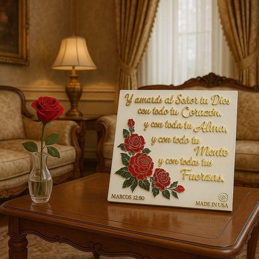 Placa: Y AMARAS AL SEÑOR TU DIOS CON TODO TU CORAZON Y CON TODA TU ALMA Y CON TODA TU MENTE  Y CON TODAS TUS FUERZAS - Made in USA