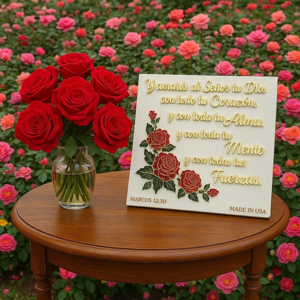 Placa: Y AMARAS AL SEÑOR TU DIOS CON TODO TU CORAZON Y CON TODA TU ALMA Y CON TODA TU MENTE  Y CON TODAS TUS FUERZAS - Made in USA