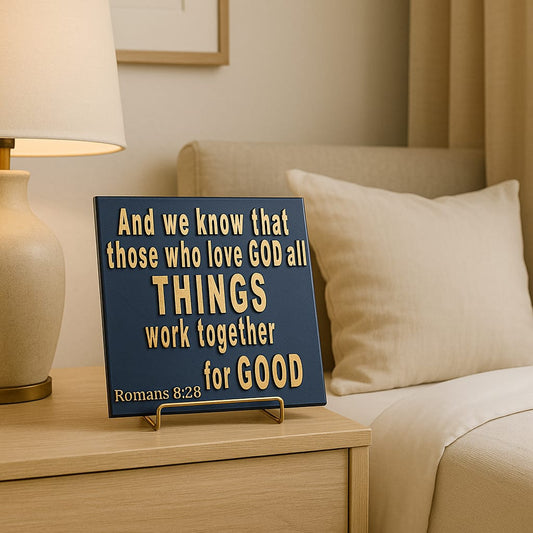 Plaque: AND WE KNOW THAT THOSE WHO LOVE GOD ALL THING WORK TOGETHER FOR GOOD - Made in USA