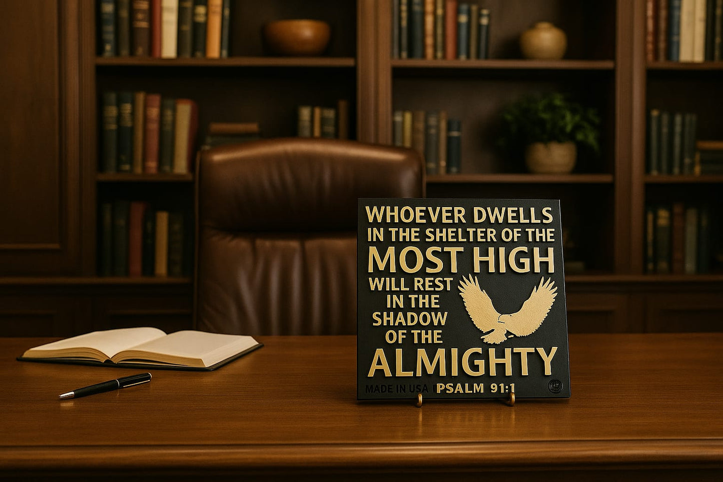 Plaque: WHOEVER DWELLS IN THE SHELTER OF THE MOST HIGH WILL REST IN THE SHADOW OF THE ALMIGHTY - Made in USA